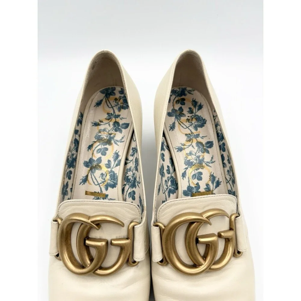 Gucci Victoire GG Block Heel Pumps White/Cream Leather Gold GG Buckle Sz EU 36 - Picture 8 of 14